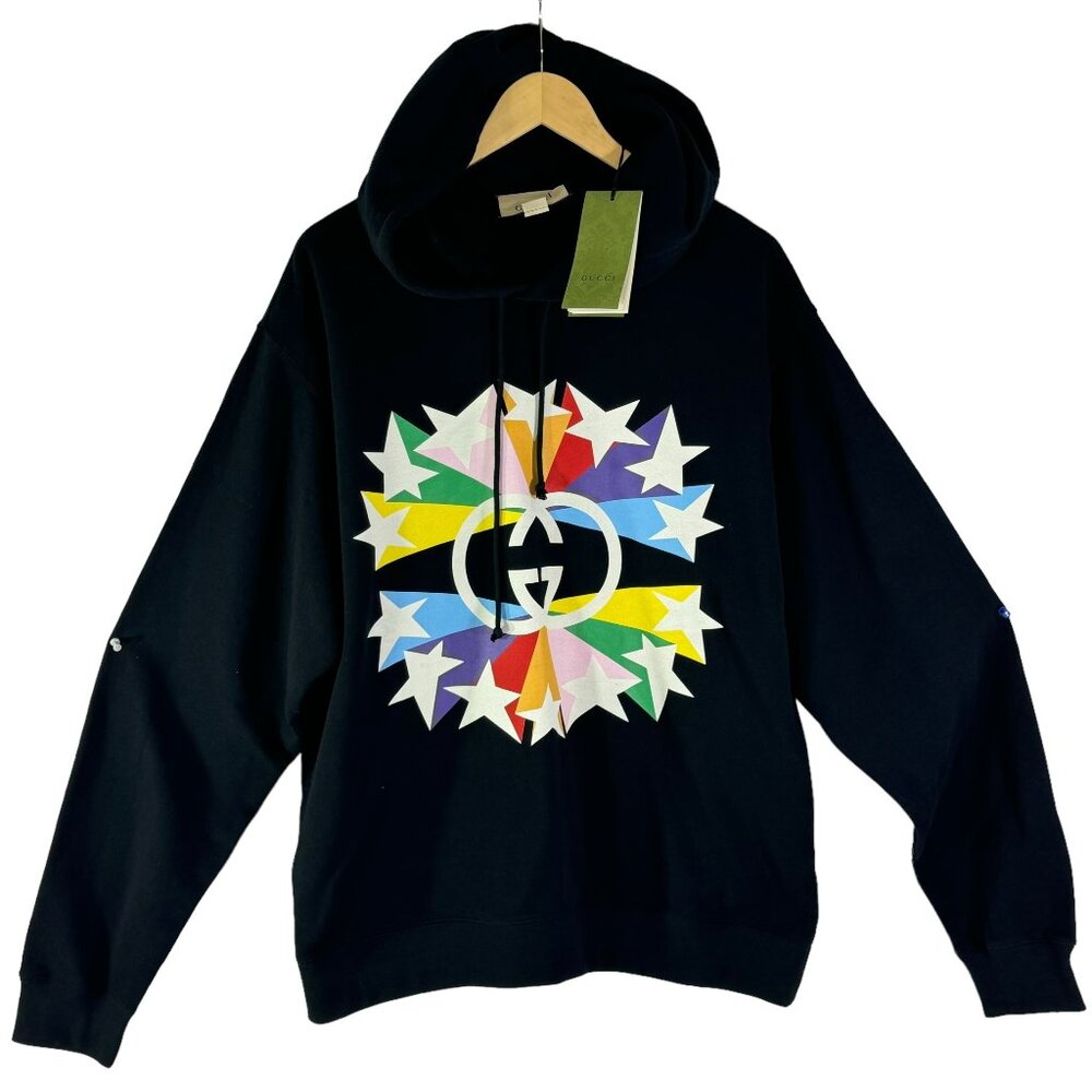 $1,250 GUCCI Black Cotton Multicolor Start GG Men's Hooded Sweatshirt Italy "L"